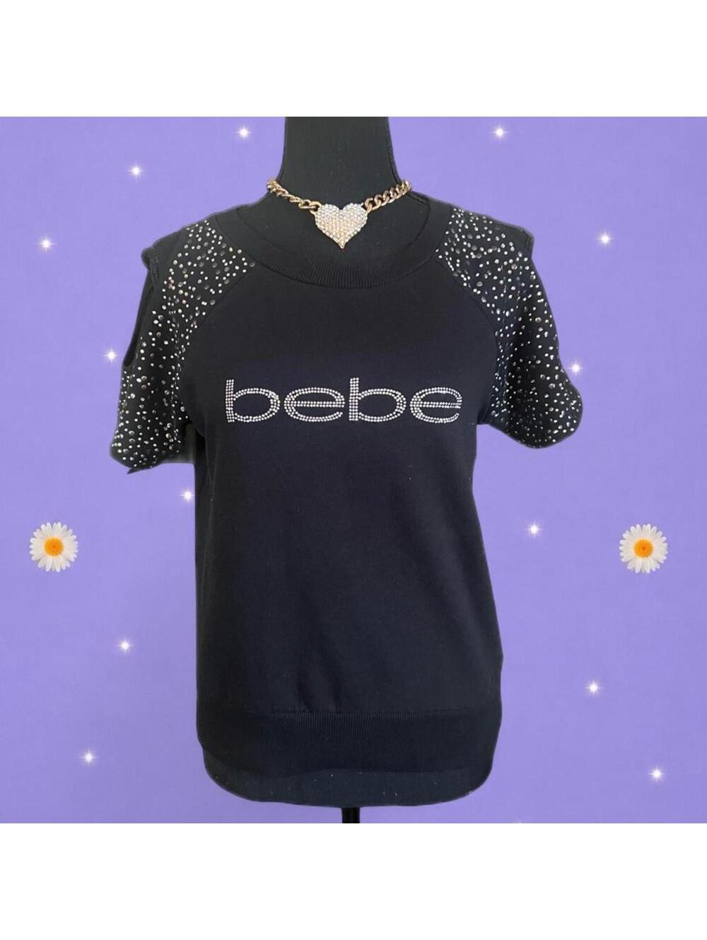Vintage Y2K Bebe Rhinestone Logo Cold Shoulder Top Black McBling size medium 🖤